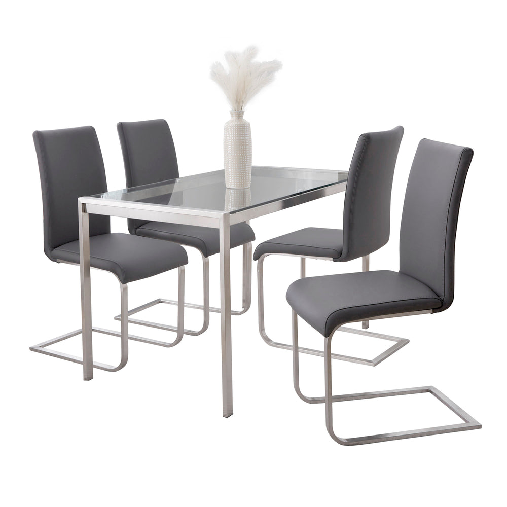 English Elm Fuji-Foster Contemporary 5-Piece Dining Set – Stainless Steel Frame, Tempered Glass Top, Grey Faux Leather Chairs B202S01507