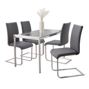 English Elm Fuji-Foster Contemporary 5-Piece Dining Set – Stainless Steel Frame, Tempered Glass Top, Grey Faux Leather Chairs B202S01507