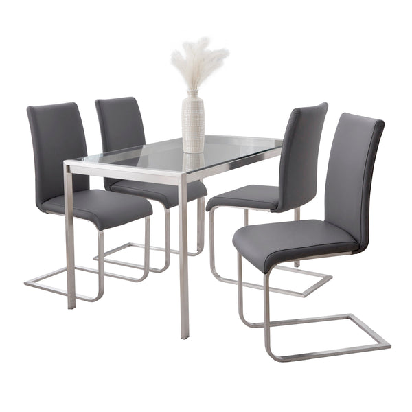 English Elm Fuji-Foster Contemporary 5-Piece Dining Set – Stainless Steel Frame, Tempered Glass Top, Grey Faux Leather Chairs B202S01507