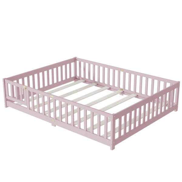 English Elm Queen Rubber Wood Floor Bed with Full Perimeter Safety Fence and Hinged Access Door Pink W504P429344