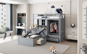 English Elm Twin Bunk Bed with Wardrobe Drawers Hydraulic Lift Shelves Kids Storage Gray LT000666AAE-1