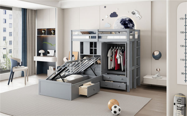 English Elm Twin Bunk Bed with Wardrobe Drawers Hydraulic Lift Shelves Kids Storage Gray LT000666AAE-1