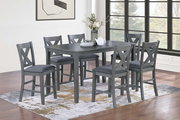 English Elm Modern 7-Piece Counter Height Dining Set Gray - 60" Table, Cushioned X-Cross Back Chairs, Nailhead Trim B011P370423