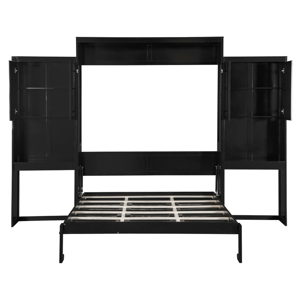 English Elm Queen Size Murphy Bed With Integrated Desk, Flip-Up Vanity & Storage Cabinets In Espresso Finish N820S10057P-GIGA