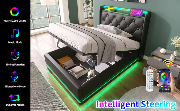 English Elm Twin Upholstered Bed with Hydraulic Storage, Surround LED, App/Remote Control & USB Type-C Charging Black N736P188805B