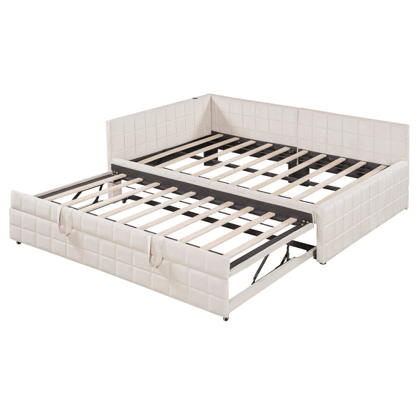 English Elm Full L-Shaped Upholstered Daybed with Pull-Out Twin Trundle, Built-In USB Ports, Modern Chic Design Beige SF000192AAA