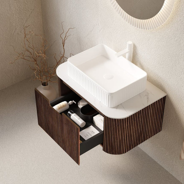 English Elm Muri Floating Bathroom Vanity Plywood Cabinet Sintered Stone Top Oak Drawer Carrara White,Dark Walnut,White W2615S00188