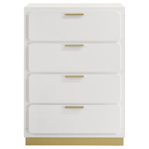 English Elm Modern four-drawer chest with sleek mid-century lines, smooth glides, wood construction, slim handles, versatile bedroom storage solution Gold,White 34.25 L x 21.26 W x 48.42 H B011P362582