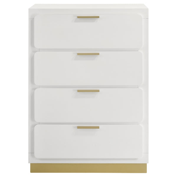 English Elm Modern four-drawer chest with sleek mid-century lines, smooth glides, wood construction, slim handles, versatile bedroom storage solution Gold,White 34.25 L x 21.26 W x 48.42 H B011P362582