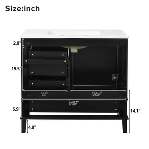 English Elm 36" Black Bathroom Vanity Solid Pine Frame with Soft-Close Door, 3 Drawers, Ceramic Top, Modern Storage Appeal N729P211167B