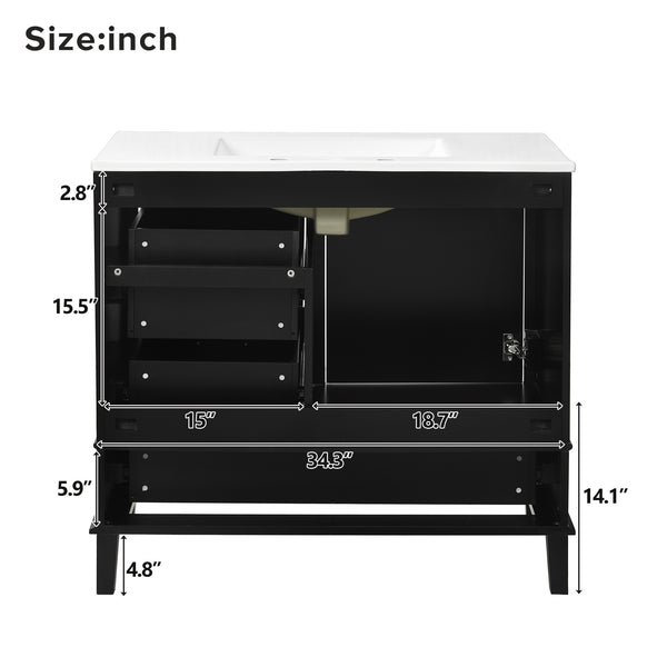 English Elm 36" Black Bathroom Vanity Solid Pine Frame with Soft-Close Door, 3 Drawers, Ceramic Top, Modern Storage Appeal N729P211167B