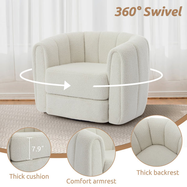 English Elm Swivel Teddy Barrel Chair with 360° Rotation, Plush Upholstered Round Accent Chair, Durable Frame White W2606S00028