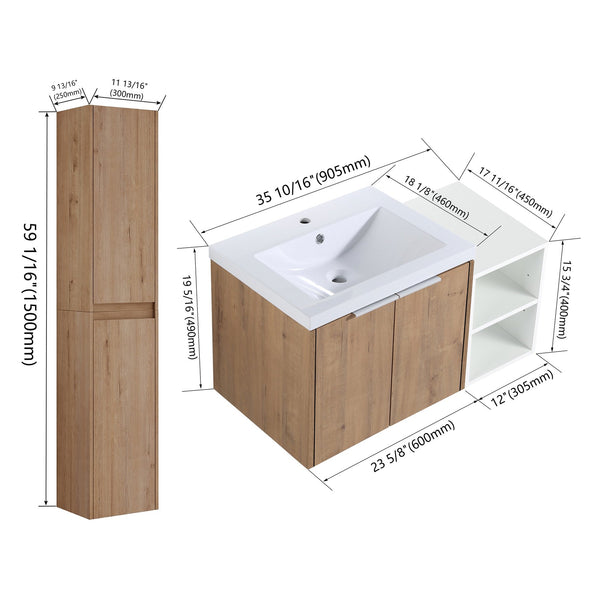 English Elm 36" Wall-Mounted Bathroom Vanity Set With Sink, Side Cabinets, Soft Close Doors & Ample Storage W999S00225