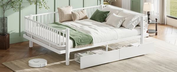 English Elm Queen Storage Platform Bed Low Profile Metal Frame with Built-in Drawers for Small Spaces Light White W5305P471354