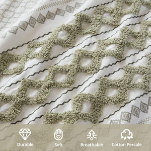 English Elm 3 Piece Cotton Chenille Comforter Set Aztec Tufted Bohemian Bedroom Sage Ivory B035P319203