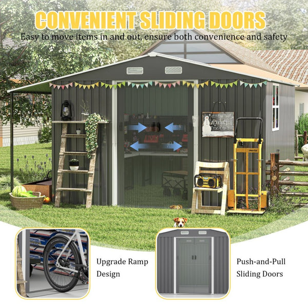 English Elm 10x12 Ft Galvanized Steel Outdoor Shed Dual Zone Lockable Sliding Doors Backyard Storage Dark Gray W1598S00034