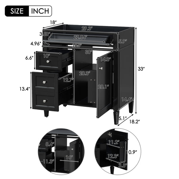 English Elm 30'' Modern Bathroom Vanity Cabinet with Roman Legs, 3 Drawers, Adjustable Shelf, Tip-Out Drawer, Durable MDF/Solid Wood Black N710P236988B