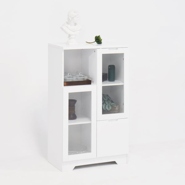 English Elm MDF Painted Storage Cabinet with Glass Doors, Drawer & Open Shelves, White Modern Buffet for Home W409P171460