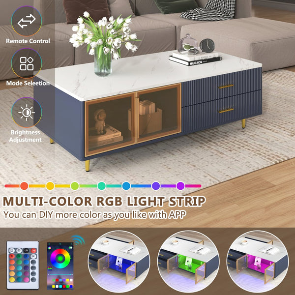 English Elm Modern Blue MDF Coffee Table 47.2" with Marble White Top, Gold Legs, 2 Glass Doors, 4 Drawers, LED N735P167910