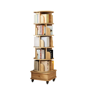 English Elm 6 Tier Rotating Bookshelf 360° Spinning Tower with Lockable Wheels, Drawer & Stable Base for Home Office Wood W3204P309484