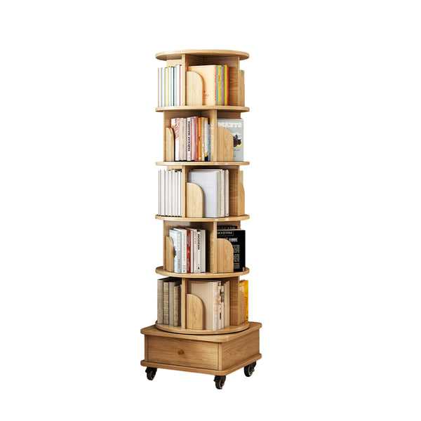 English Elm 6 Tier Rotating Bookshelf 360° Spinning Tower with Lockable Wheels, Drawer & Stable Base for Home Office Wood W3204P309484