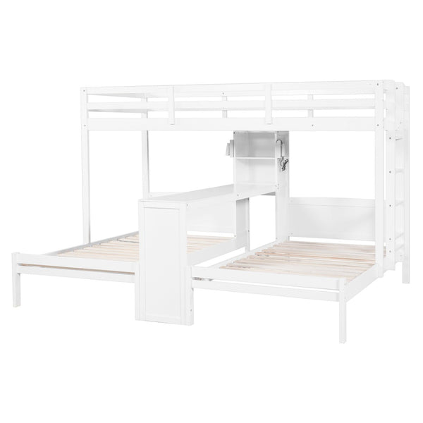 English Elm Twin Triple Bunk Bed with Built in Desk Open Shelving and Led Task Lighting White N7090002243K