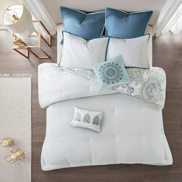 English Elm 8 Madison Park Isla Cotton Reversible Floral Comforter Set Queen OEKO-TEX Botanical Watercolor Medallion Blue 23.62 L x 18.9 W x 13.39 H B03597065