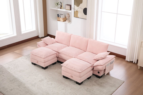 English Elm Sectional Cloud Sofa Modular Deep Seat Corduroy Upholstered Living Room Couch with Storage Pink W395S00131