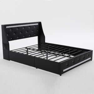 English Elm Queen Platform Bed Wingback Diamond Quilted Headboard Led Lighting Storage Drawers Black W5722P462684