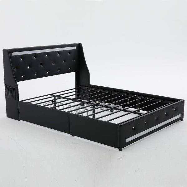 English Elm Queen Platform Bed Wingback Diamond Quilted Headboard Led Lighting Storage Drawers Black W5722P462684