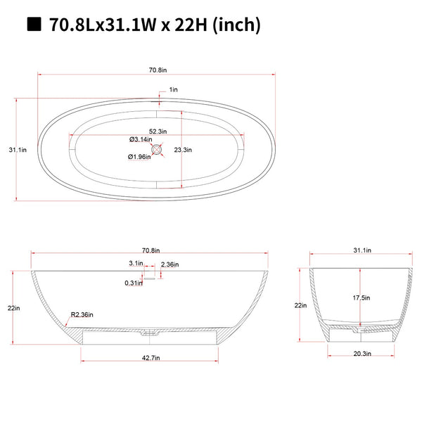 English Elm 71'' Resin Stone Freestanding Soaking Tub Sculptural Spa Bath with Polished Solid Surface W2753P425825
