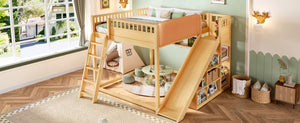 English Elm Queen Loft Bed with Upholstered Headboard Built-in Slide and Open Storage Shelves Natural W1580S00308