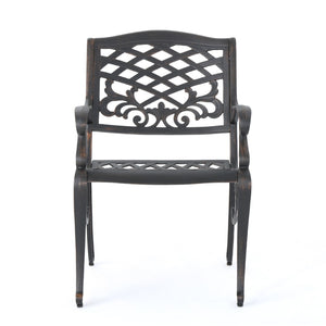 English Elm Phoenix Cast Aluminum Outdoor Dining Arm Chairs Ornate Lattice Scroll Garden Set Copper 54589.00SHNCOP