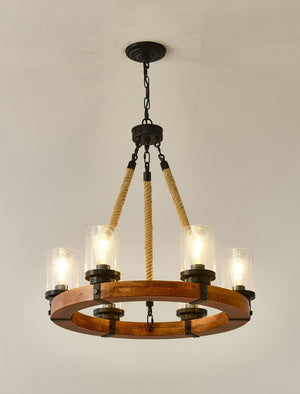 English Elm 23.62 Inch Wagon Wheel Chandelier Wood Metal Frame Seeded Glass Farmhouse Dining W5008P390657