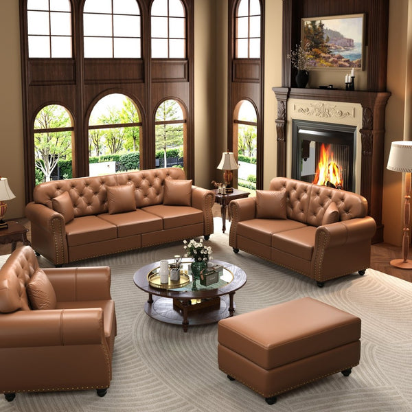 English Elm Upholstered Faux Leather Chesterfield Sofa Button Tufted with Nailhead and Six Pillows Brown W1885S00433
