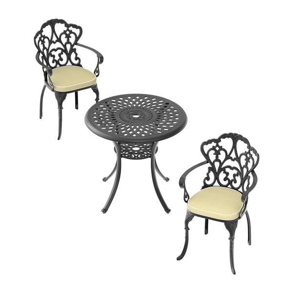 English Elm 3-Piece Cast Aluminum Patio Furniture Set With Beige Cushions – Elegant Outdoor Dining Solution W1710S00047