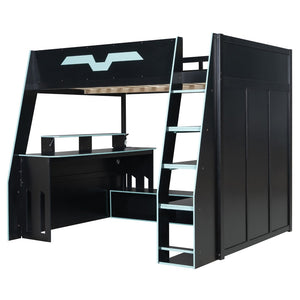 English Elm Full Size Wood Loft Bed with Rgb Lighting Desk and Multi-tier Shelves for Gaming Blue LT000374AAC