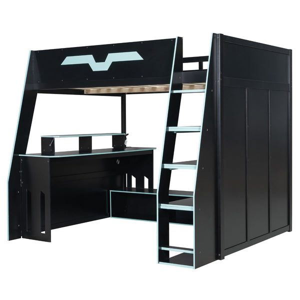 English Elm Full Size Wood Loft Bed with Rgb Lighting Desk and Multi-tier Shelves for Gaming Blue LT000374AAC