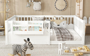 English Elm Twin Low Profile Kids Floor Bed Pine Wood Frame with Safety Rail and Built in Bookshelf White W1580P373138