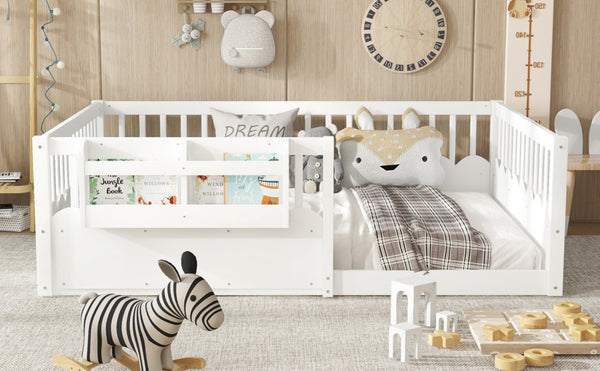 English Elm Twin Low Profile Kids Floor Bed Pine Wood Frame with Safety Rail and Built in Bookshelf White W1580P373138