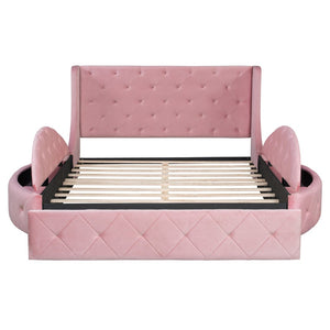 English Elm Upholstered Queen Platform Bed Velvet Wingback Frame with Storage Drawer and Side Stools Pink LP200815AAH