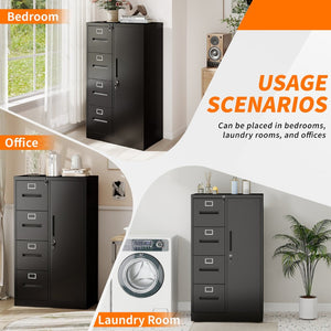 English Elm Metal Four Drawer Filing Cabinet with Lock Steel Storage for Home Office Bedroom Black W2735P457274