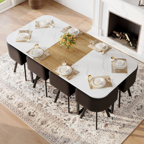 English Elm 9-piece Square Dining Set Faux Marble Wood Grain Table with 8 Pu Leather Chairs W3875S00143