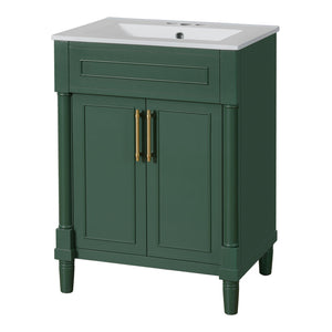 English Elm 24" Bathroom Vanity with Integrated Ceramic Sink and Adjustable Shelf, Vintage Hardware, Space-Saving Design Green N710P277711F