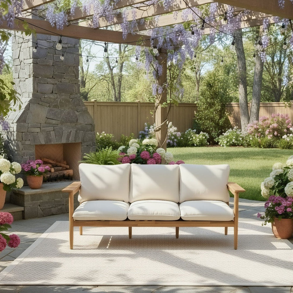 English Elm Terassi Solid Acacia Wood Patio Sofa with Teak Finish and Beige Cushioned Seating N775P370352T