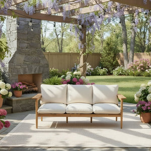 English Elm Terassi Solid Acacia Wood Patio Sofa with Teak Finish and Beige Cushioned Seating N775P370352T