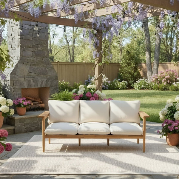English Elm Terassi Solid Acacia Wood Patio Sofa with Teak Finish and Beige Cushioned Seating N775P370352T
