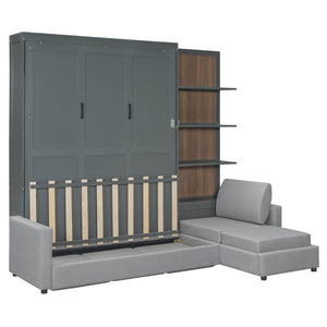 English Elm Queen Wall Bed with Linen Sofa and Open Shelving for Studio or Guest Room LP000592AAE-3