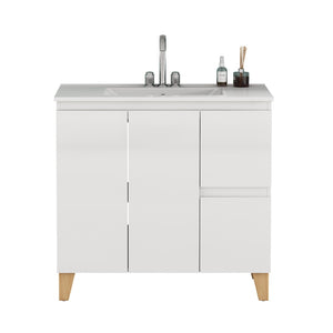 English Elm 36-inch Glossy White Bathroom Vanity with Ceramic Sink Soft Close Drawers Minimalist W3151S00074