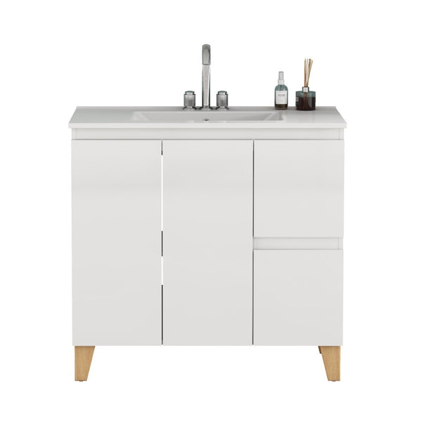 English Elm 36-inch Glossy White Bathroom Vanity with Ceramic Sink Soft Close Drawers Minimalist W3151S00074